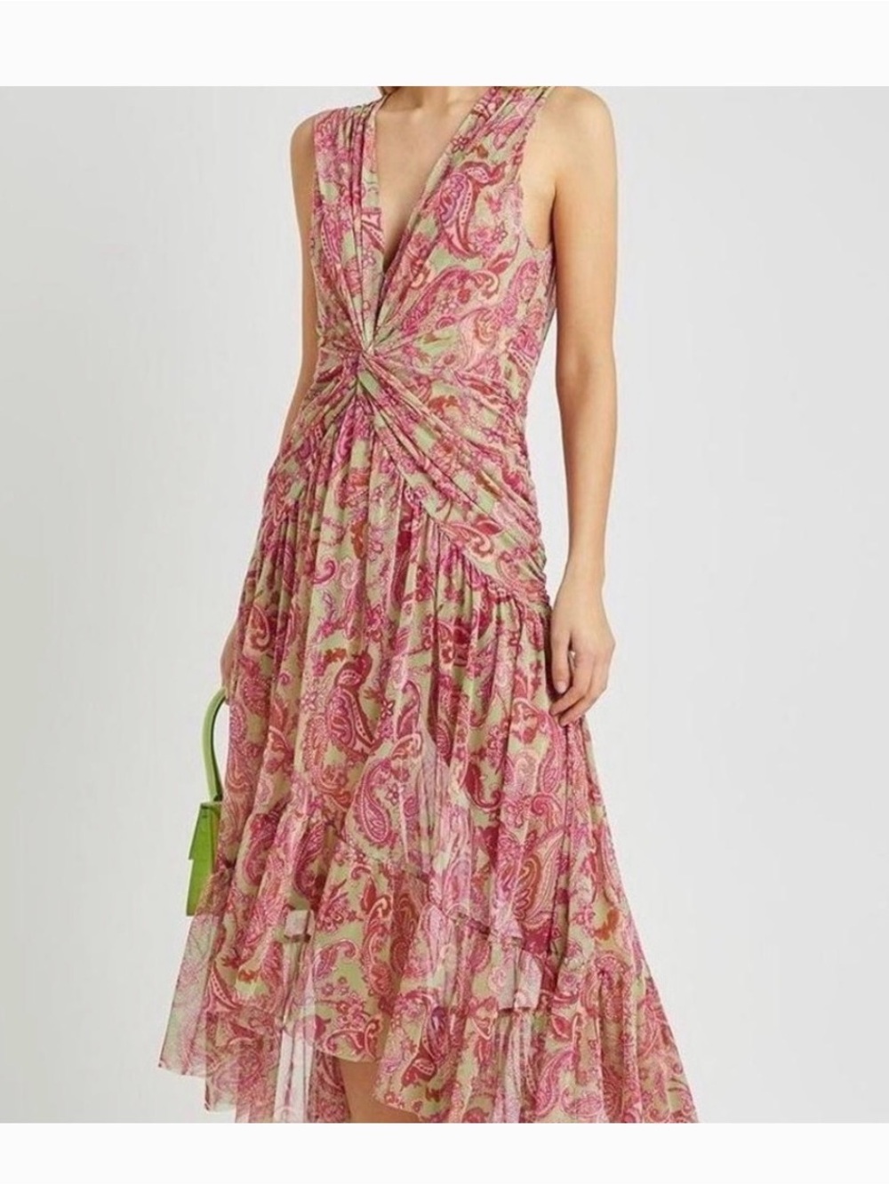 NWOT [$375] Misa Los Angeles AVA pink and green Paisley Knot-Front Maxi Dress